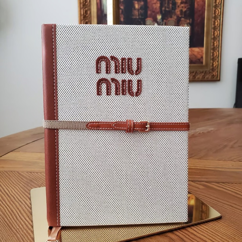NEW MIU MIU CANVAS AND LEATHER DIARY EMBOSSED NOTEBOOK